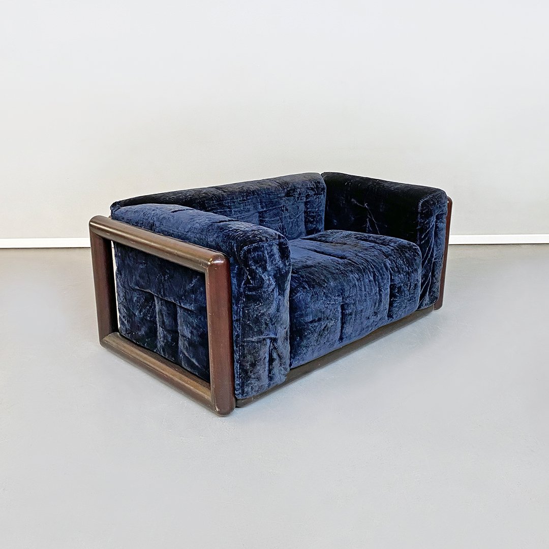 Italian MidCentury Modern Blue Corduroy Cornaro Sofa by C. Scarpa for
