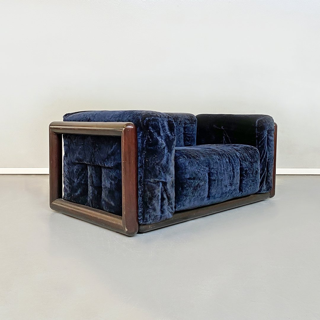 Italian MidCentury Modern Blue Corduroy Cornaro Sofa by C. Scarpa for