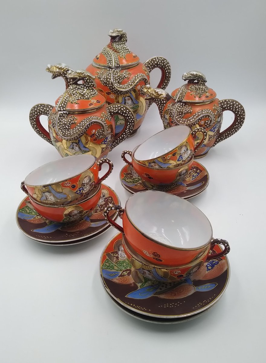 Antique Japanese Satsuma Tea Set with Dragonware Moriage, Set of 15 for