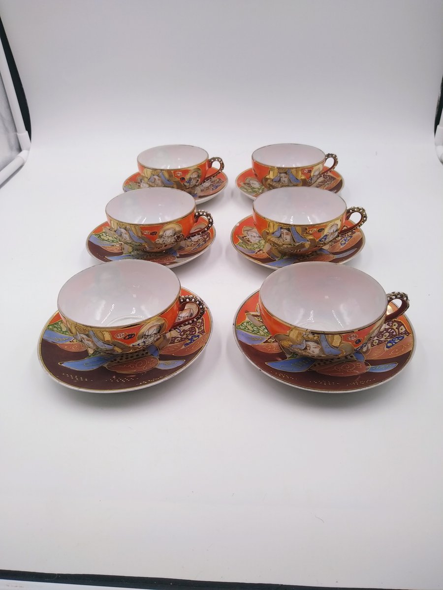 Antique Japanese Satsuma Tea Set with Dragonware Moriage, Set of 15 for