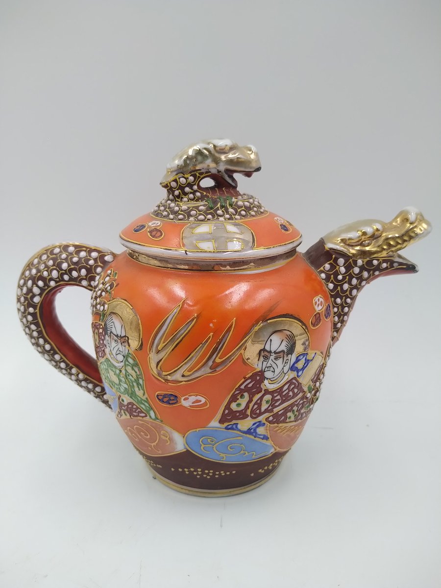 Antique Japanese Satsuma Tea Set with Dragonware Moriage, Set of 15 for