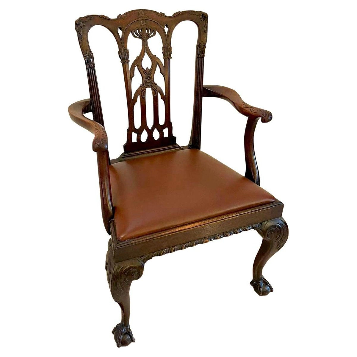 Antique Victorian Carved Mahogany Desk Chair for sale at Pamono