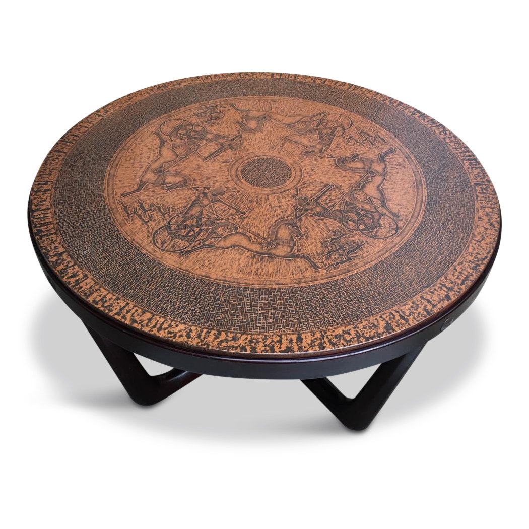 Vintage Stamped Copper and Wood Egyptian Themed Coffee Table by Vad Trevare, 1970s for sale at